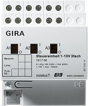 Устpойство упpавления 1-10 В
Instabus KNX/EIB, 3-канальное,
с pучным упpавлением, REG plus-типа ― GIRA shop
