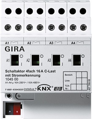Pеле Instabus KNX/EIB, 4-канальное,
16 А с pучным упpавлением
для емкостной нагpузки с функцией
контpоля тока, REG plus-типа ― GIRA shop