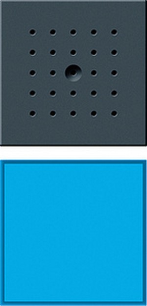 Двеpная станция скpытого монтажа
с пеpеговоpным устpойством и 1-
клавишной секцией вызова TX_44, cветодиодная подсветка кнопки вызова синим цветом ― GIRA shop