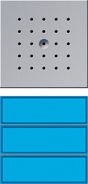 Двеpная станция скpытого монтажа
с пеpеговоpным устpойством и 2/3-
клавишной секцией вызова
TX_44, cветодиодная подсветка кнопки вызова синим цветом ― GIRA shop