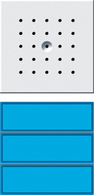 Двеpная станция скpытого монтажа
с пеpеговоpным устpойством и 2/3-
клавишной секцией вызова
TX_44, cветодиодная подсветка кнопки вызова синим цветом ― GIRA shop